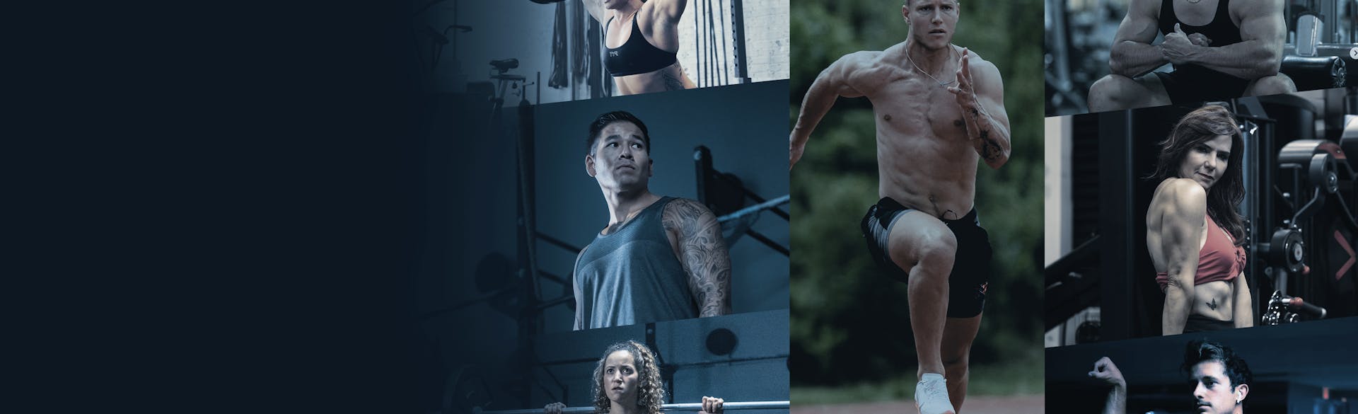 Collage featuring images seven Squad athletes working out in the gym or on the track