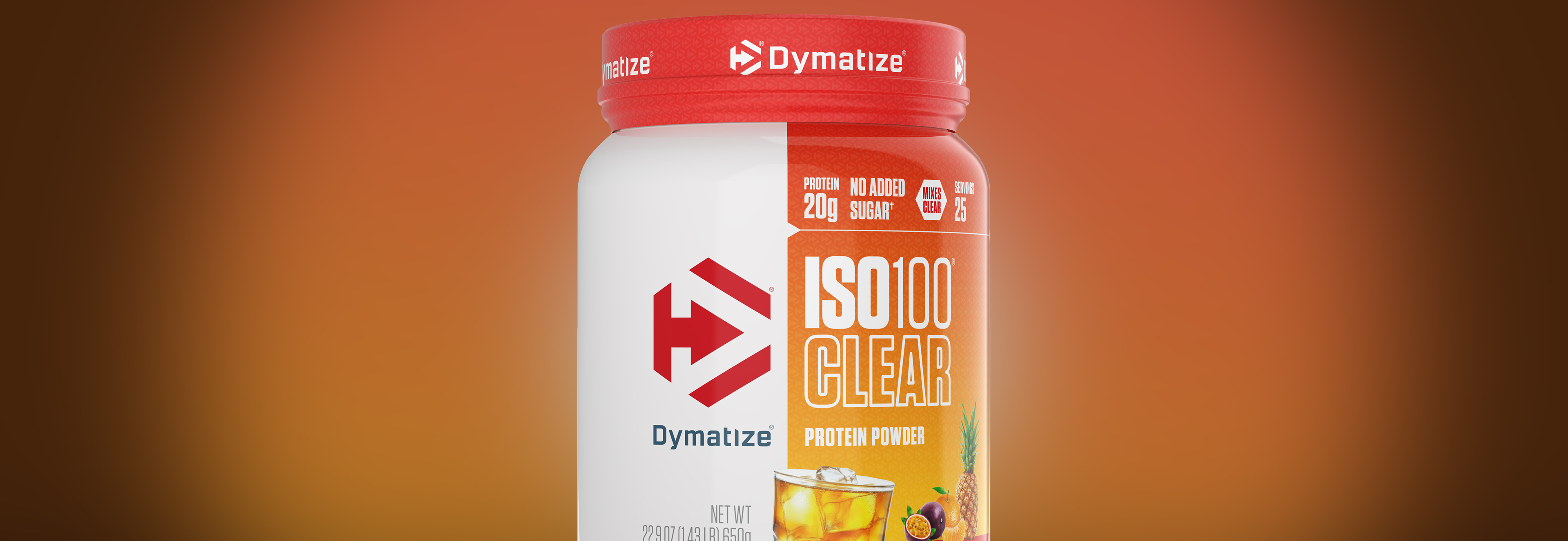 A single tub of Dymatize ISO100 Clear.