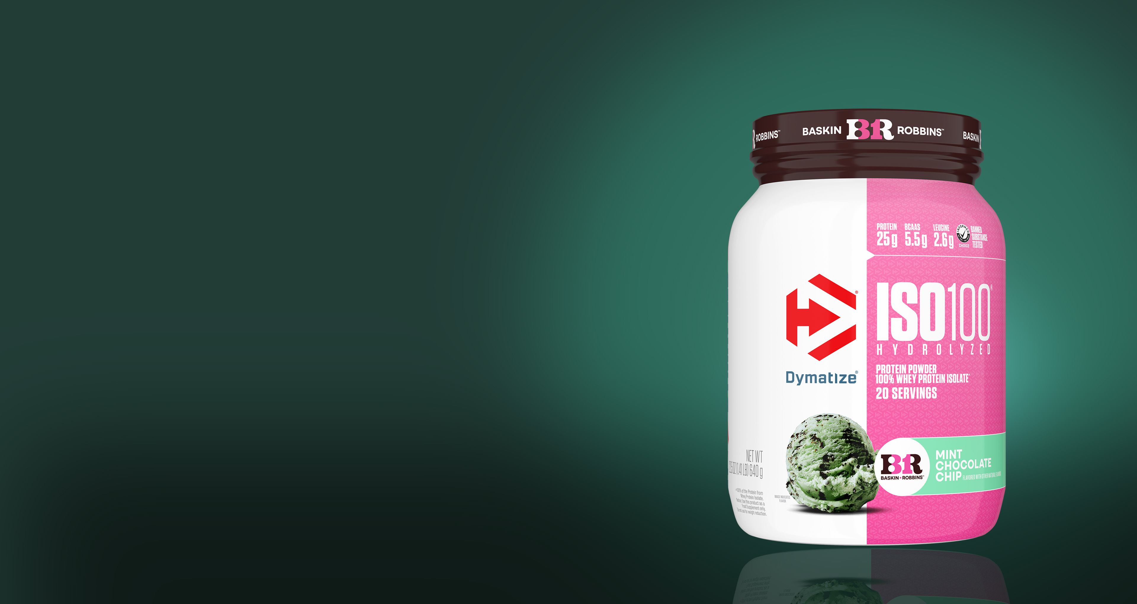 A single tub of ISO100 Baskin Robbins Mint Chocolate Chip.