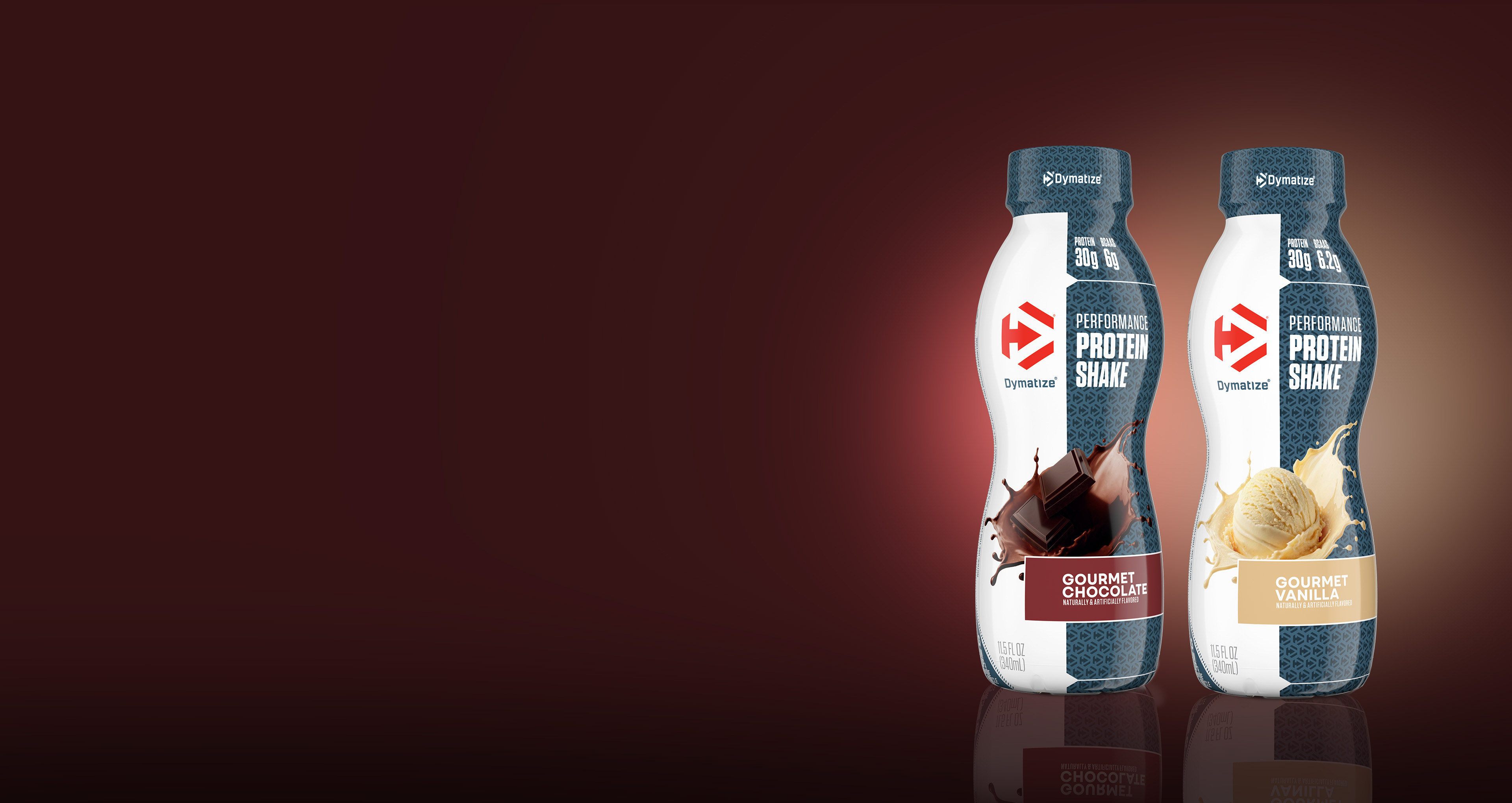 A bottle of Gourmet Chocolate Dymatize Performance Protein Shake next to a bottle of Gourmet Vanilla Dymatize Performance Protein Shake