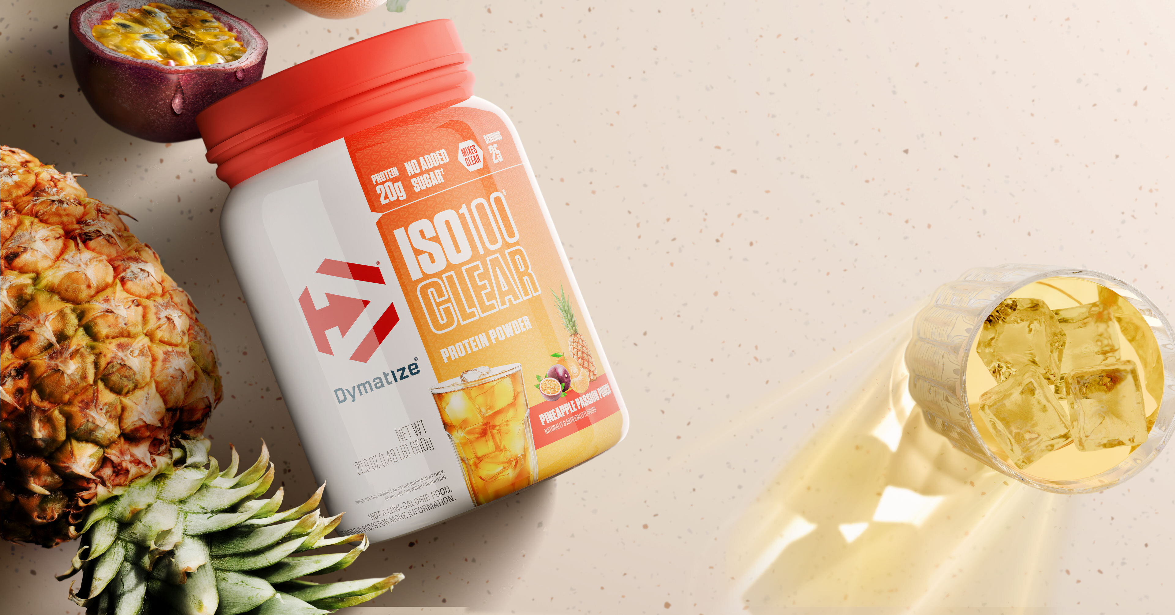 A single tub of Dymatize ISO100 Clear.