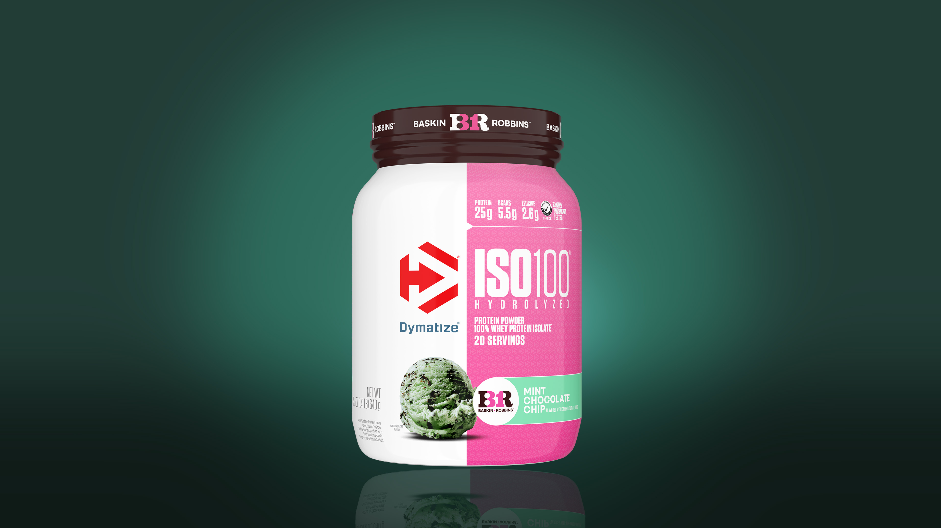 A single tub of Dymatize ISO100 Baskin Robbins™ Mint Chocolate Chip.