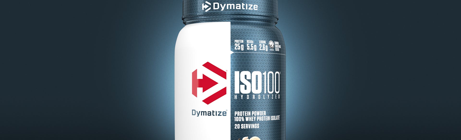 A single tub of Dymatize ISO100 Gourmet Vanilla